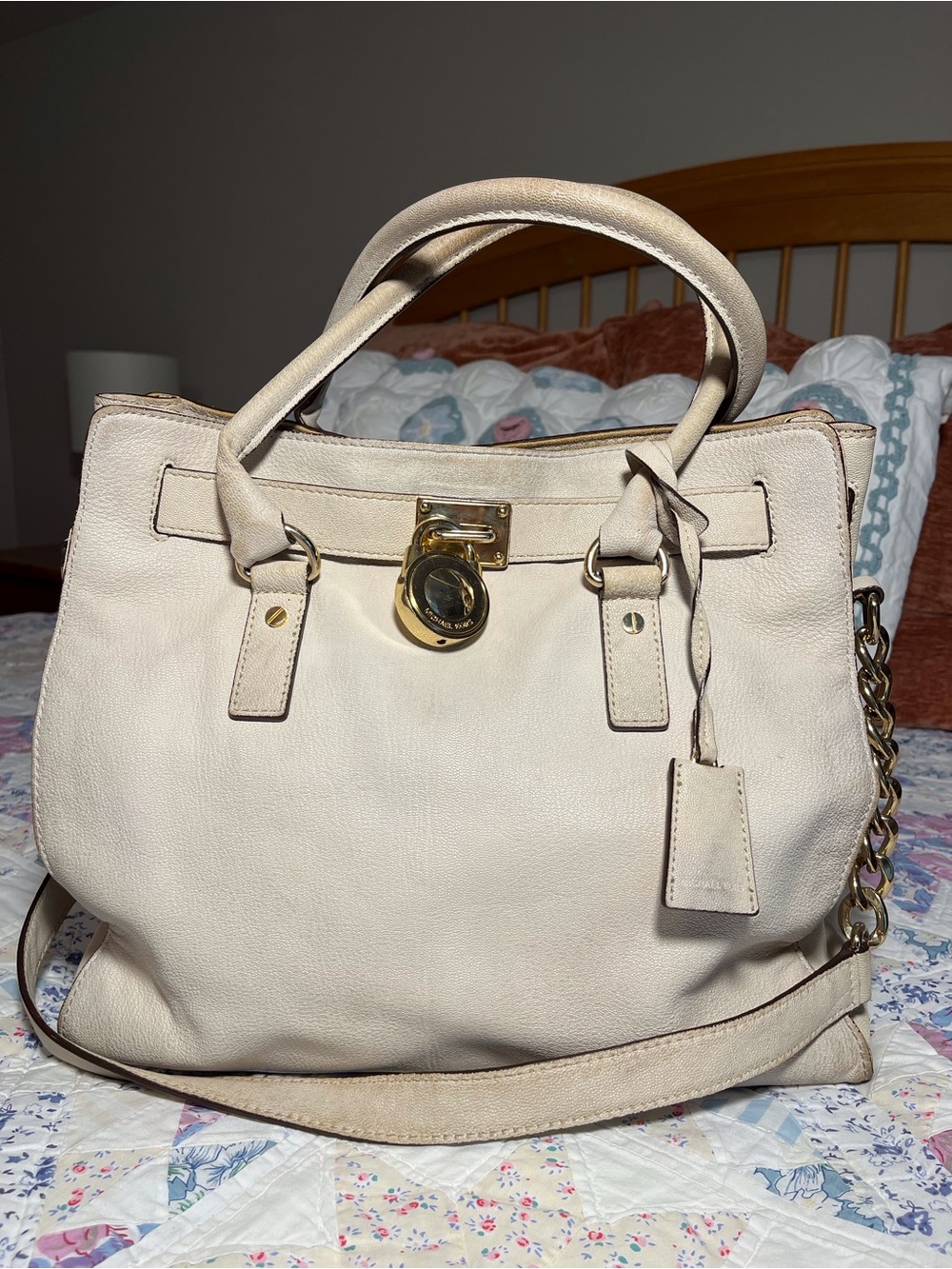 2010s Michael Kors MK Hamilton Leather Satchel with Gold-Tone Lock